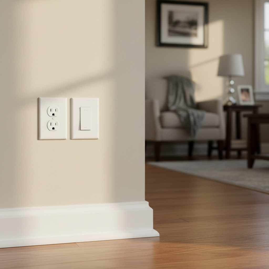 A cozy residential living room corner with a newly installed, elegant white duplex outlet and matching dimmer switch plate on a freshly painted light beige wall, perfectly aligned and flush. Nearby, a baseboard and hardwood floor meet seamlessly, emphasizing attention to detail. Warm late-afternoon natural light filters in from an unseen window, creating gentle gradients across the wall and soft shadows along the outlet edges. The background is softly blurred, hinting at tasteful home decor without distraction. Shot close-up with shallow depth of field, the composition highlights the quality of the finish work. The photographic style is clean and modern, evoking safety, comfort, and professional residential electrical service.