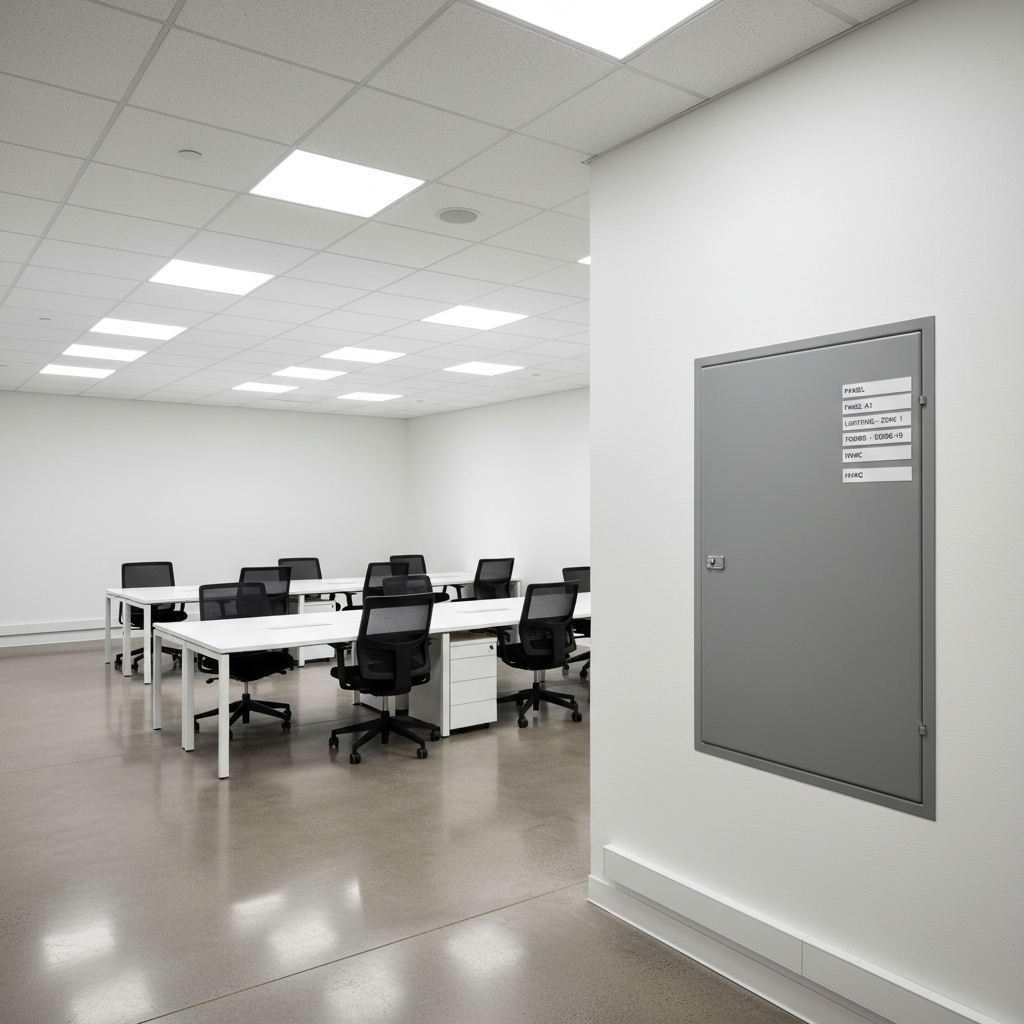 A clean, modern office interior featuring a precisely aligned grid of recessed LED ceiling lights casting bright, uniform illumination over sleek work surfaces and a polished floor. On one wall, an accessible electrical panel with a closed, neatly labeled gray metal door subtly indicates professional infrastructure behind the scenes. The walls are painted a cool white with subtle texture, and cable management channels run discretely along the baseboards. Captured from an elevated corner perspective, the composition showcases the overall lighting quality and orderliness of the electrical installation. The photographic style is crisp and contemporary, with a calm, efficient atmosphere that underscores reliable commercial electrical services.