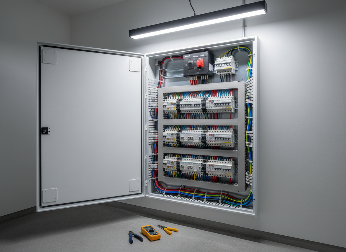 A meticulously organized electrical service panel mounted on a clean, light gray utility room wall, filled with neatly labeled breakers, precisely routed colored wiring, and a prominent main disconnect switch. The metal panel door, painted a crisp white, is open to showcase the professional installation. Cool, even overhead LED lighting casts soft, shadow-free illumination, highlighting the clarity and order of the components. The polished concrete floor and minimal surrounding tools create a tidy, professional environment. Captured at eye level with sharp focus throughout, the composition emphasizes reliability, safety, and expert workmanship. The photographic realism and clean, modern aesthetic reflect a trusted, fully licensed electrical contractor.
