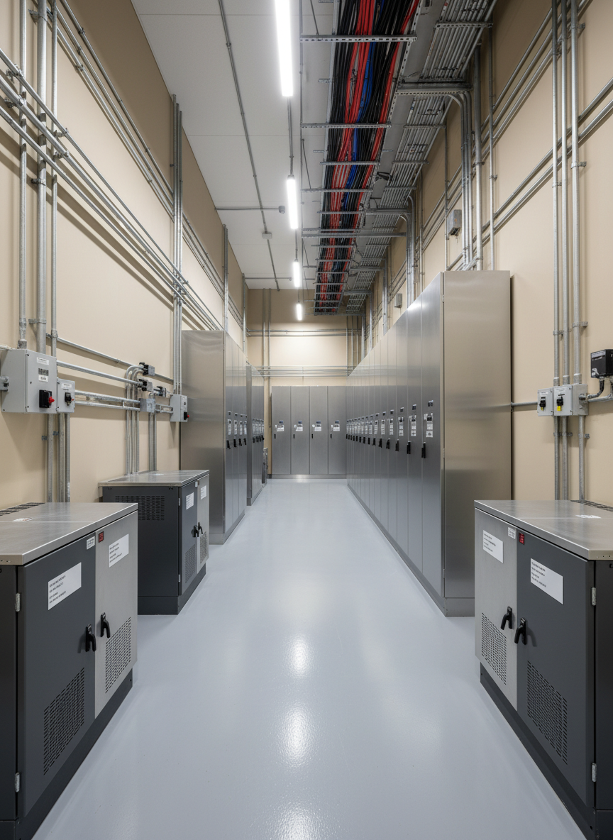 A modern commercial building electrical room featuring rows of steel electrical cabinets, neatly arranged conduit runs, and labeled junction boxes along a smooth, light-colored wall. Heavy-duty industrial-grade panels with clear engraved labels stand on a spotless epoxy floor, with cable trays running overhead in perfectly parallel lines. Bright, neutral LED strip lighting floods the space, eliminating harsh shadows and giving everything a crisp, professional look. Captured from a slightly wide-angle perspective, the composition leads the eye down the aisle of equipment, conveying scale, organization, and technical expertise. The mood is precise, dependable, and highly professional, rendered in photographic realism with a clean, contemporary industrial aesthetic.