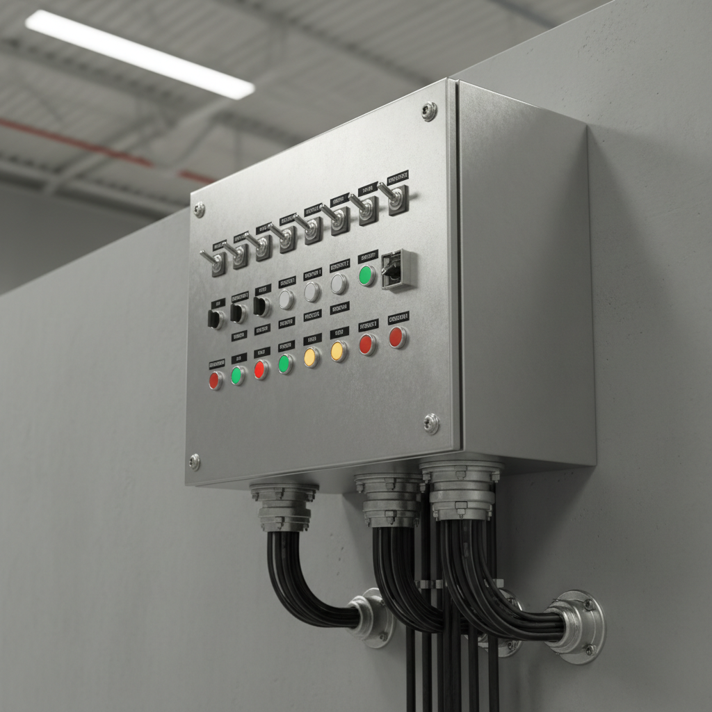 A high-tech industrial control panel with a brushed stainless steel faceplate, illuminated indicator lights in red, green, and amber, and clearly printed labels beneath each switch and button. Heavy-duty conduit and cable entries are secured with precision at the bottom and sides, all anchored to a smooth, painted concrete wall in a manufacturing environment. Neutral overhead lighting provides even illumination, subtly reflecting off the metallic surfaces and casting crisp, controlled shadows. Captured from a three-quarter angle at mid-height, the image shows depth and complexity without clutter. The atmosphere is robust, efficient, and technically advanced, with photographic realism and a clean, professional industrial aesthetic suitable for showcasing sophisticated electrical capabilities.