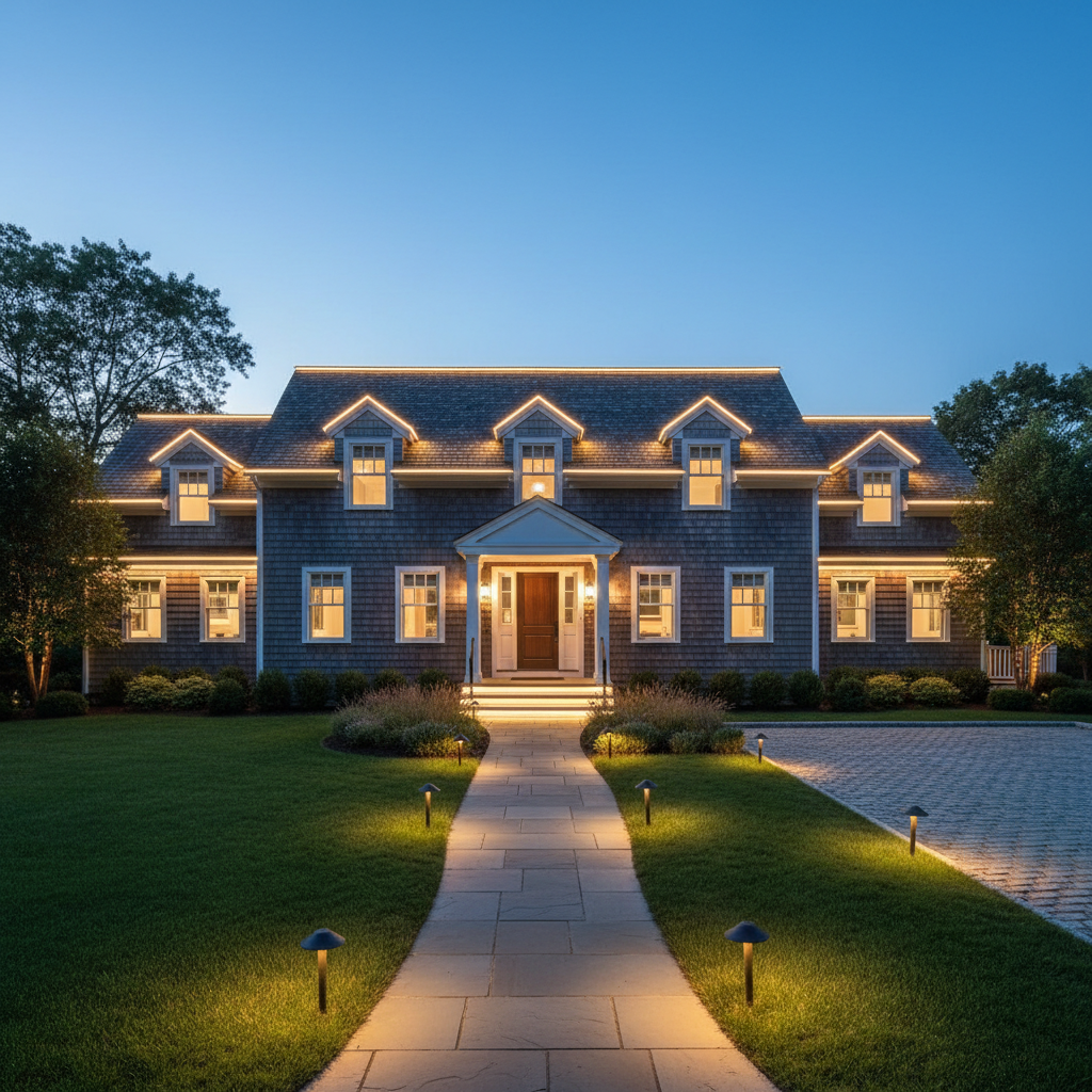 An evening exterior scene of a Massachusetts-style two-story home with perfectly wired, energy-efficient LED architectural lighting highlighting the roofline, entryway, and landscaped path. The siding has a subtle texture, and the warm white fixtures are symmetrically placed, casting soft pools of light on the walkway and gentle glows on the facade. The driveway and front steps are clearly illuminated, emphasizing safety and curb appeal. The sky holds a deep blue twilight gradient, providing contrast to the warm tones of the lighting. Shot from a slightly low, wide-angle perspective, the composition captures the entire front of the home and yard. The photographic realism and professional, inviting mood communicate expert residential outdoor electrical work.