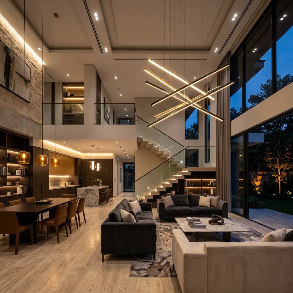 Spacious modern living room and kitchen with large windows and contemporary lighting