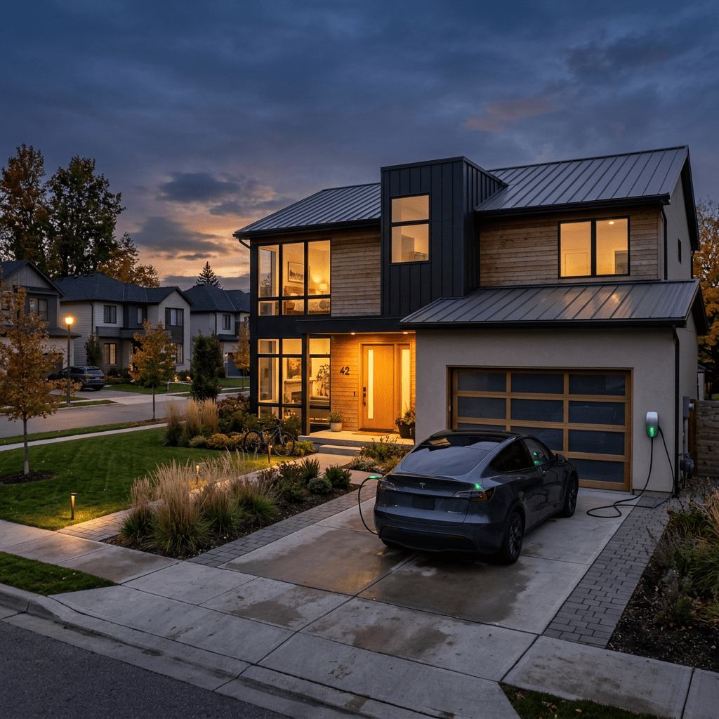 Modern two-story house with large windows and a Tesla electric car charging in the driveway at dusk