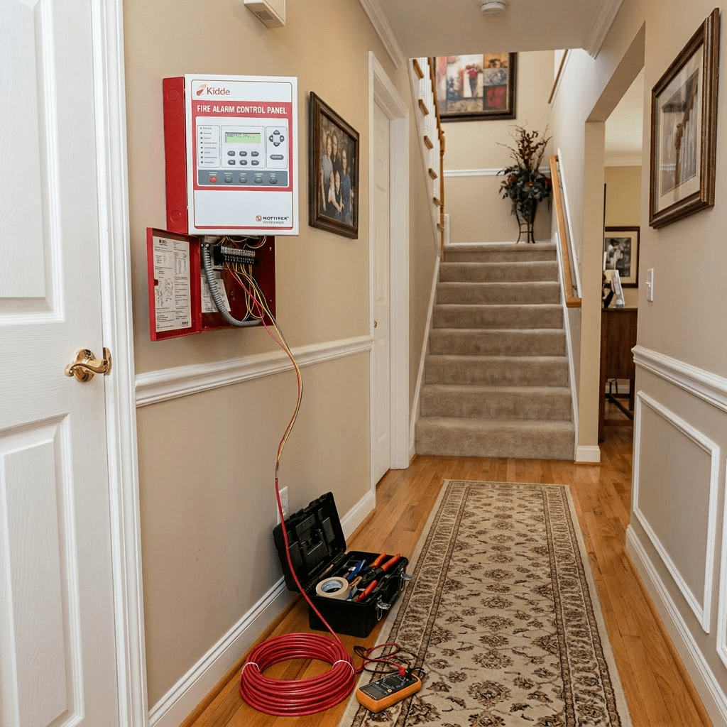 Technician kneeling and connecting wires to a Kidde fire alarm control panel